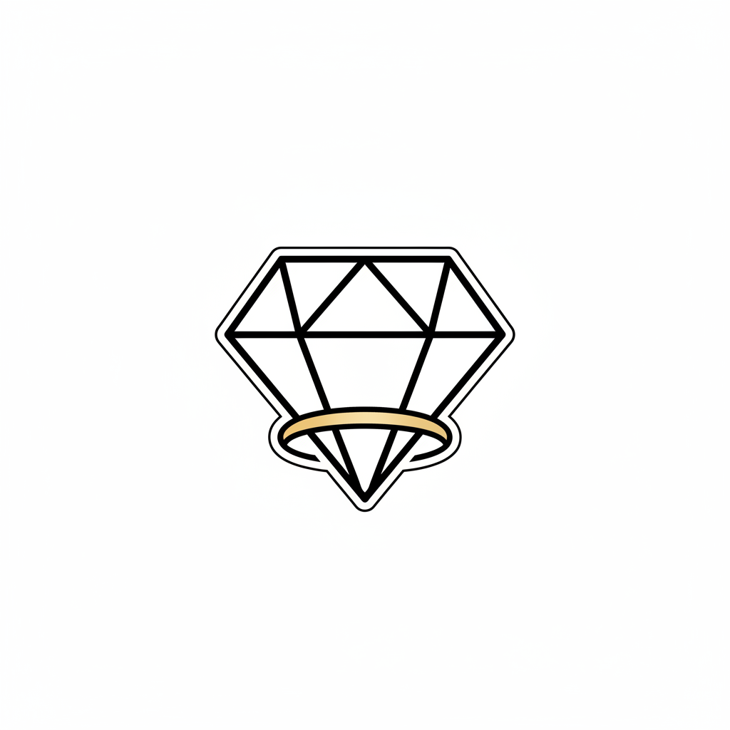 Minimal luxury line icon representing fine jewelry materials. A simple diamond outline paired with a subtle gold bar or jewelry finger ring shape. Thin black outline, modern, elegant, neutral, no fill, transparent background. High-end jewelry brand style. Icon size: 32–40px