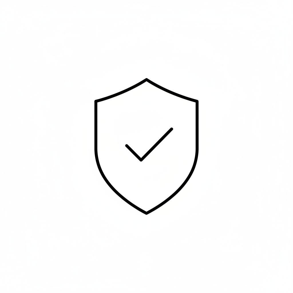 Minimal luxury line icon representing secure checkout. A simple shield with a small checkmark inside. Thin black outline, modern, elegant, neutral, no fill, transparent background. High-end fine jewelry website style. Icon size: 32–40px